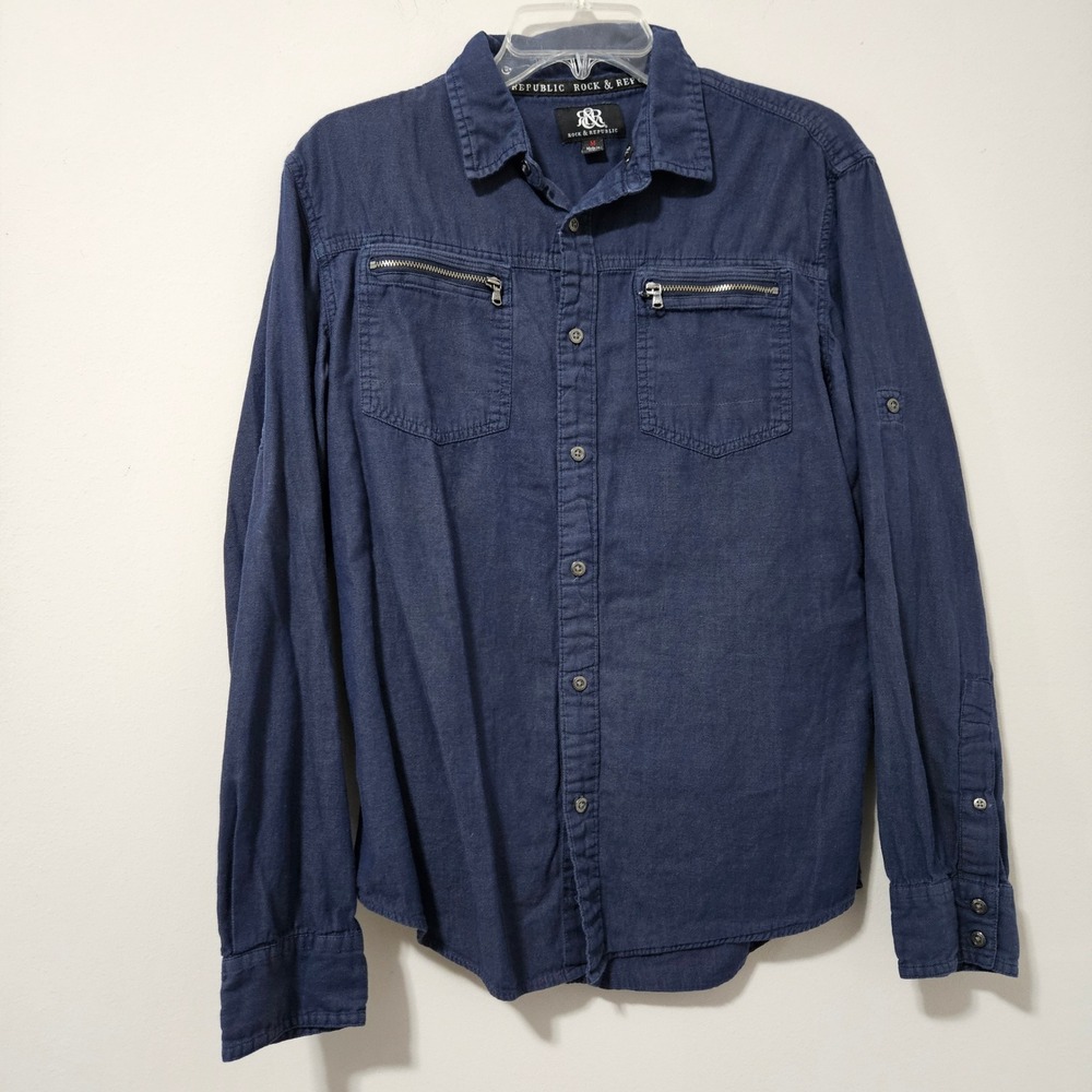 Rock & Republic Mens Navy Blue Cotton Long Sleeve Zipper Pocket Shirt Size M